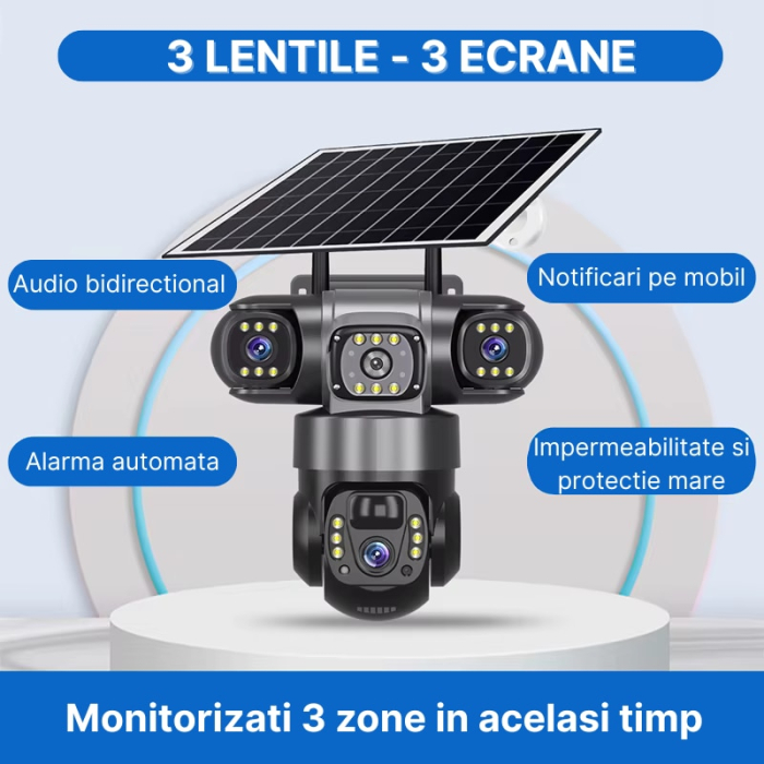 Cameră de securitate 4G cu 3 obiective și panou solar, rezoluție 6MP, vizualizare 360°, iluminare LED și alimentare solară [2]