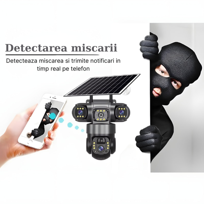 Cameră de securitate 4G cu 3 obiective și panou solar, rezoluție 6MP, vizualizare 360°, iluminare LED și alimentare solară [7]