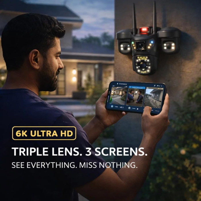 Cameră de securitate WiFi cu 3 lentile 5MP, PTZ 360°, afișare simultană pe 3 ecrane, vedere nocturnă color, detectare a mișcării, audio bidirecțional și protecție IP66 [8]