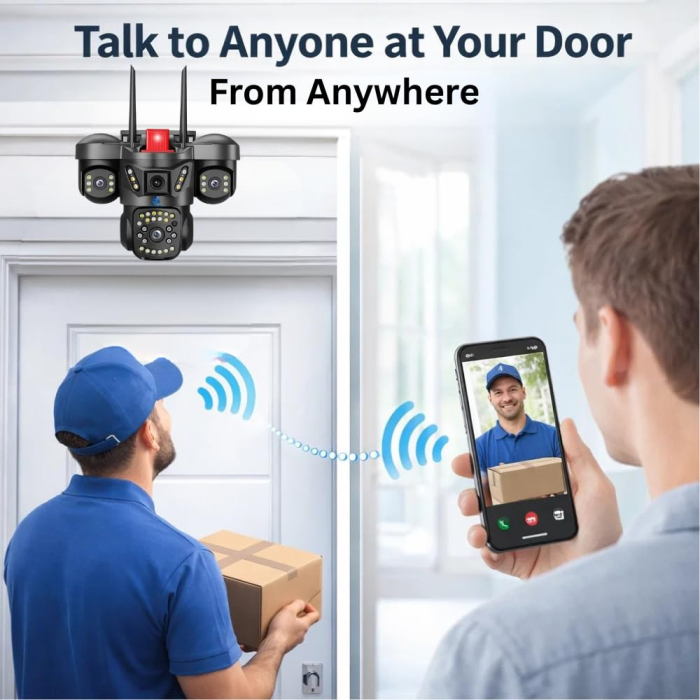 Cameră de securitate WiFi cu 3 lentile 5MP, PTZ 360°, afișare simultană pe 3 ecrane, vedere nocturnă color, detectare a mișcării, audio bidirecțional și protecție IP66 [5]