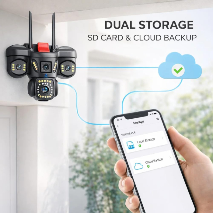 Cameră de securitate WiFi cu 3 lentile 5MP, PTZ 360°, afișare simultană pe 3 ecrane, vedere nocturnă color, detectare a mișcării, audio bidirecțional și protecție IP66 [4]