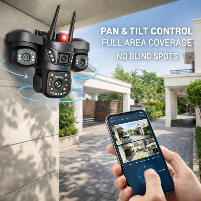 Cameră de securitate WiFi cu 3 lentile 5MP, PTZ 360°, afișare simultană pe 3 ecrane, vedere nocturnă color, detectare a mișcării, audio bidirecțional și protecție IP66 [7]