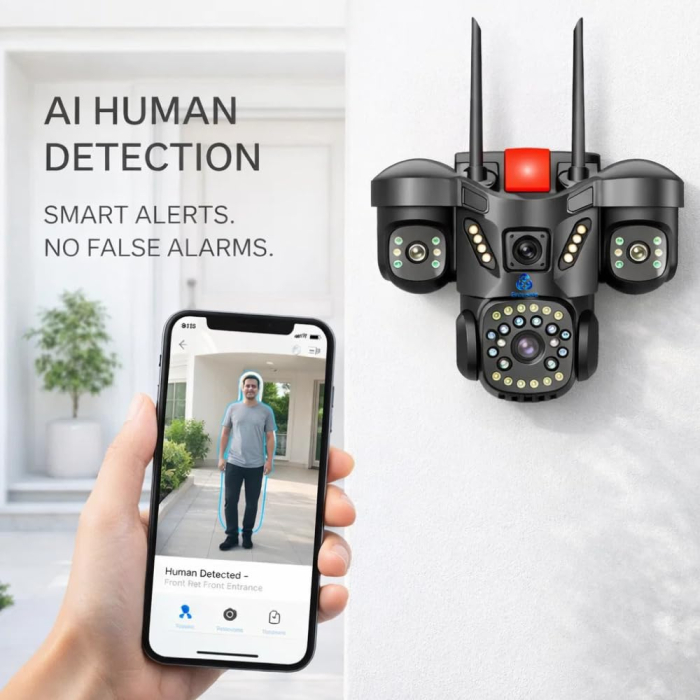 Cameră de securitate WiFi cu 3 lentile 5MP, PTZ 360°, afișare simultană pe 3 ecrane, vedere nocturnă color, detectare a mișcării, audio bidirecțional și protecție IP66 [2]