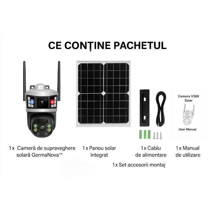 Cameră de Supraveghere 4G, 2 lentile, 360° – 6MP Ultra HD, Panou Solar 7W, Baterie 12000mAh, Detecție Mișcare & Audio Bidirecțional, IP66 engross [7]