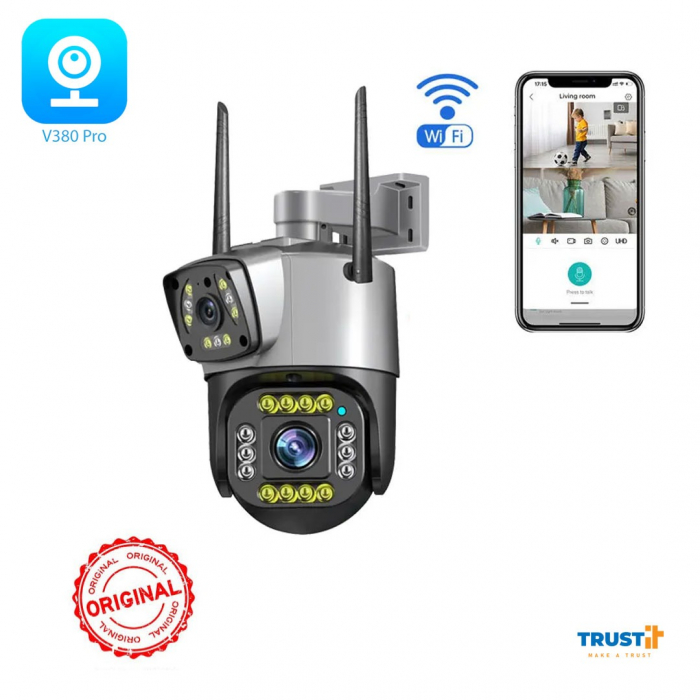 Camera supraveghere dubla, 4G, 2 lentile,360,  comunicare bidirectionala, cu aplicatie pentru Android, IOS si PC, gri/negru- engross [6]