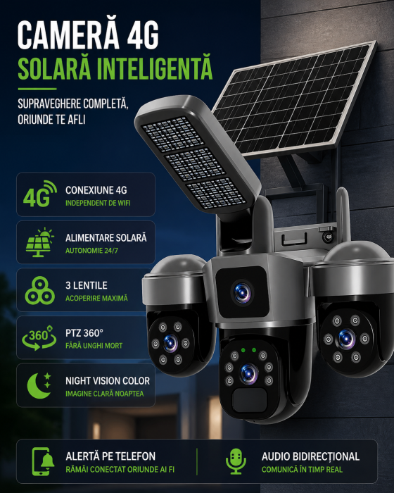 Cameră Supraveghere Solară 4G 12MP, 3 Lentile, PTZ 360°, Zoom 10X, Night Vision Color, Audio Bidirecțional, Lampă LED, Alarmă [2]