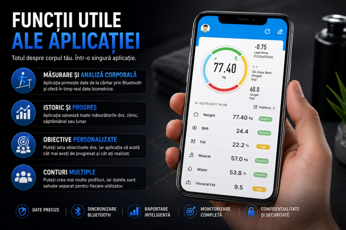 Cantar Corporal Inteligent Cu Aplicatie Telefon , De Baie, Electronic, Sticla Securizata, Design Elegant, Smart, Afisaj LCD, Negru engross [8]