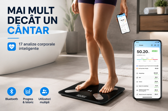 Cantar Corporal Inteligent Cu Aplicatie Telefon , De Baie, Electronic, Sticla Securizata, Design Elegant, Smart, Afisaj LCD, Negru engross [2]