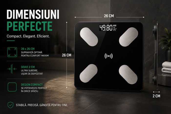 Cantar Corporal Inteligent Cu Aplicatie Telefon , De Baie, Electronic, Sticla Securizata, Design Elegant, Smart, Afisaj LCD, Negru engross [5]