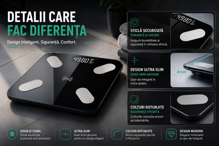 Cantar Corporal Inteligent Cu Aplicatie Telefon , De Baie, Electronic, Sticla Securizata, Design Elegant, Smart, Afisaj LCD, Negru engross [6]