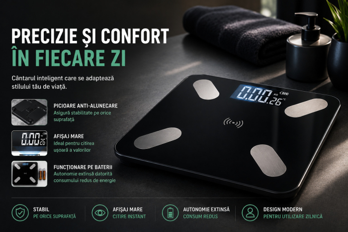 Cantar Corporal Inteligent Cu Aplicatie Telefon , De Baie, Electronic, Sticla Securizata, Design Elegant, Smart, Afisaj LCD, Negru engross [4]