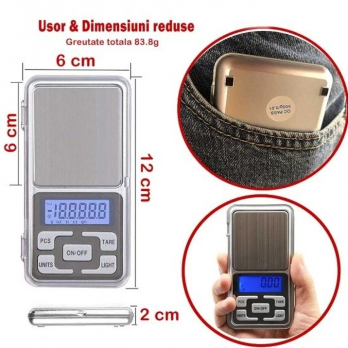 Cântar de Buzunar MH-500 – 500 g, Precizie 0,1 g, Funcție TARA, Design Compact Argintiu engross [7]