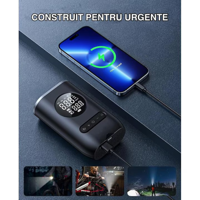 Compresor Aer Portabil cu Afisaj Digital, Lanterna LED și Încărcare USB-C – 5 Moduri Presetate Umflare, pentru Mașină, Bicicletă, Motocicletă, Minge engross [3]