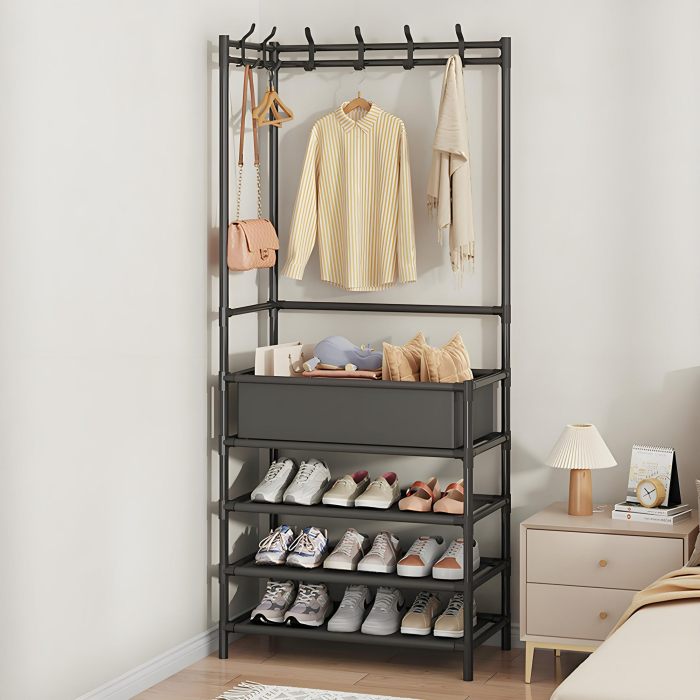 Cuier Metalic cu 4 Polițe, Dimensiuni 60x28x154 cm, Structură Rezistentă din Oțel, Spațiu Depozitare Haine și Încălțăminte, Negru [2]