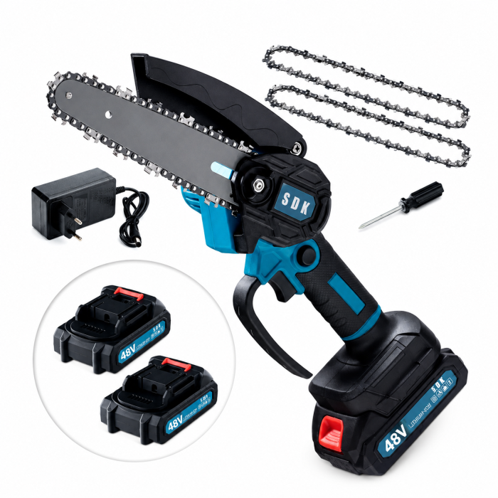 Drujbă Electrică Multifuncțională 550W, 2 acumulatori 48V, lama 18 cm, cu 2 lanturi incluse – Compactă, Ergonomică, Fără Fir [2]