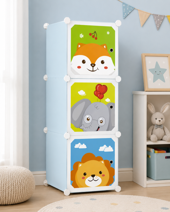 Dulap Camera Copii, Polipropilenă, Albastru + Multicolor, 3 Compartimente, 37x37x111 cm, Design Practic și Ergonomic pentru Organizarea Jucăriilor și Hainelor [1]