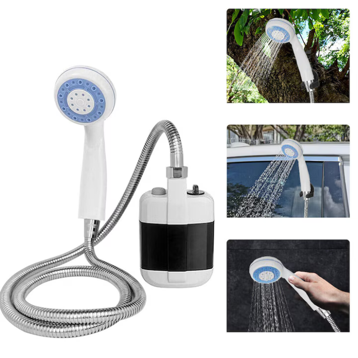Duș portabil electric pentru camping, baterie 2200 mAh, debit 4–5 L/min, furtun 1.5 m, reîncărcare USB, ABS, alb [2]