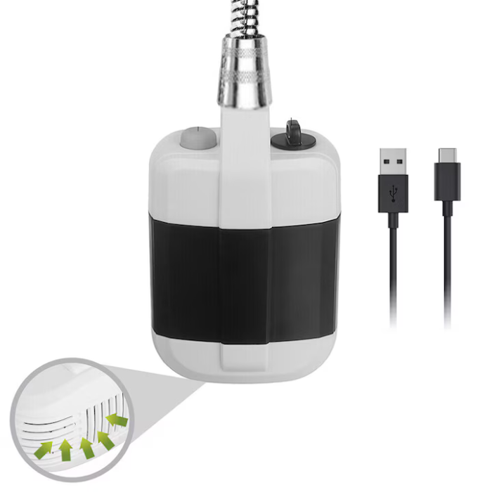 Duș portabil electric pentru camping, baterie 2200 mAh, debit 4–5 L/min, furtun 1.5 m, reîncărcare USB, ABS, alb [6]