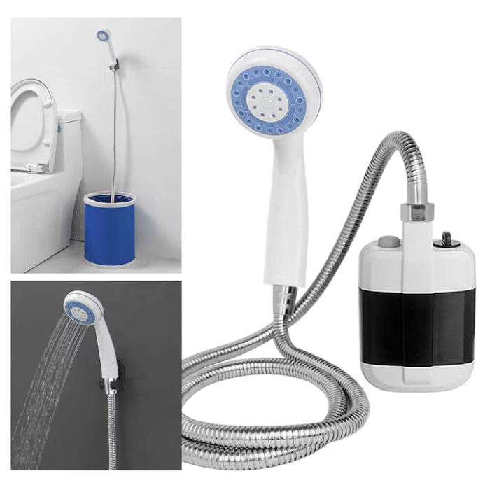 Duș portabil electric pentru camping, baterie 2200 mAh, debit 4–5 L/min, furtun 1.5 m, reîncărcare USB, ABS, alb [5]