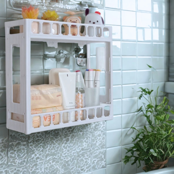Etajeră Baie din Plastic cu 2 Niveluri, Montaj pe Perete sau Independent, Design Compact, 30×33×12 cm [2]