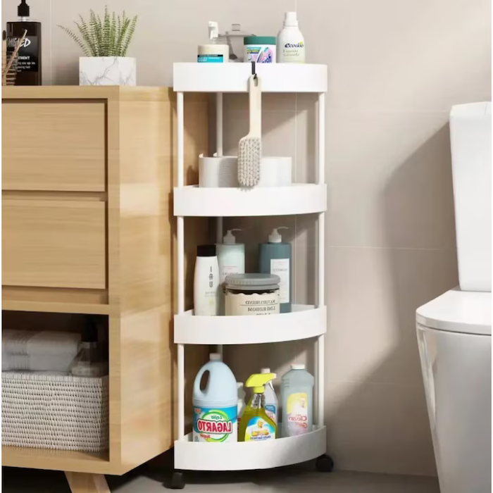 Etajeră colț multifuncțională, 4 rafturi din plastic alb, picioare reglabile, design sigur și compact, 34×25×84 cm [5]