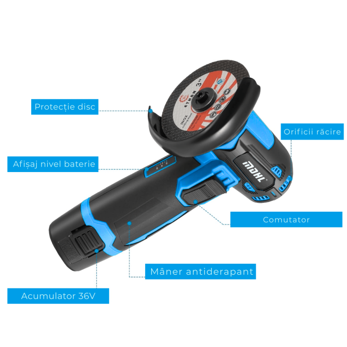 Flex Polizor cu 2 Acumulatori 48V, 19.500 RPM, 6 Discuri 76 mm, Albastru/Negru, Portabil și Profesional pentru Lucrări Precise [11]