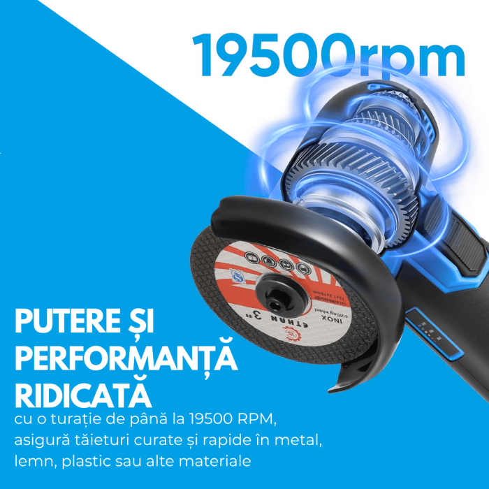 Flex Polizor cu 2 Acumulatori 48V, 19.500 RPM, 6 Discuri 76 mm, Albastru/Negru, Portabil și Profesional pentru Lucrări Precise [14]