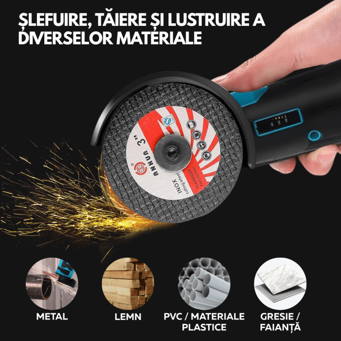Flex Polizor cu 2 Acumulatori 48V, 19.500 RPM, 6 Discuri 76 mm, Albastru/Negru, Portabil și Profesional pentru Lucrări Precise [13]