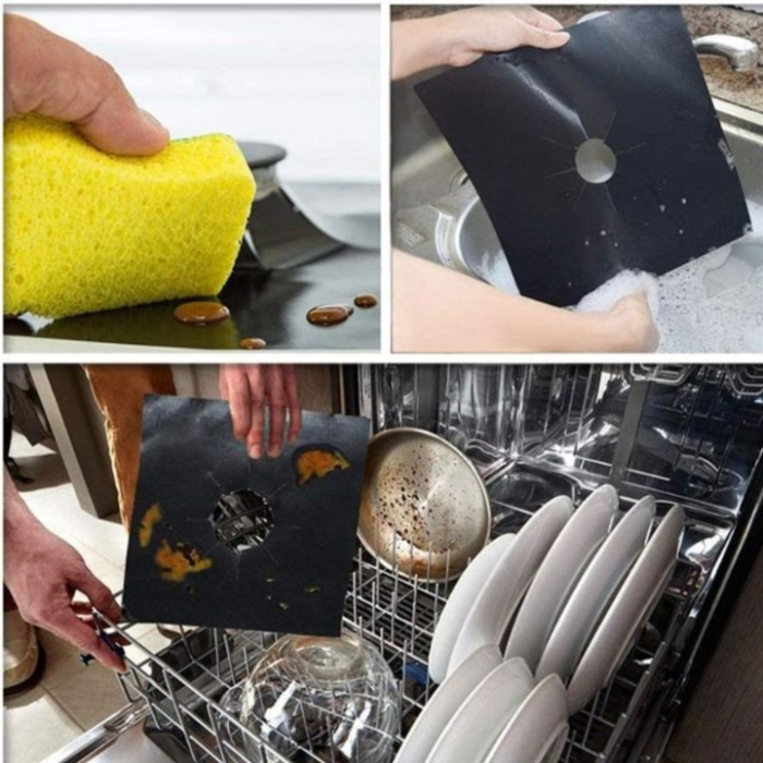 Set 4  Folii Teflon Reutilizabilă pentru Aragaz sau Plită, 27x27 cm, Rezistentă Termic -60°C până la 260°C, Negru, Grosime 0.3 mm [9]