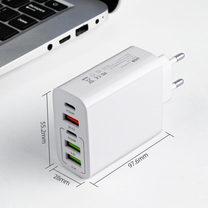 Încărcător de Rețea 120W, Quick Charge 3.0, 5 Porturi, 3 USB și 2 Type-C, Încărcare Rapidă pentru Telefon, Laptop și Tabletă, Compatibil Universal, Alb [4]