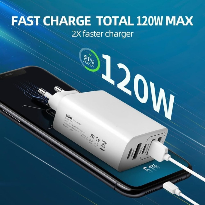 Încărcător de Rețea 120W, Quick Charge 3.0, 5 Porturi, 3 USB și 2 Type-C, Încărcare Rapidă pentru Telefon, Laptop și Tabletă, Compatibil Universal, Alb [3]