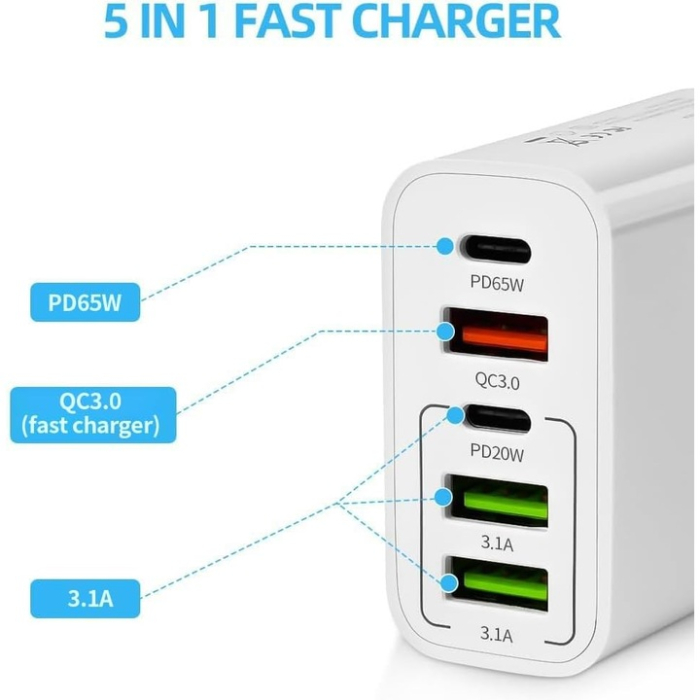 Încărcător de Rețea 120W, Quick Charge 3.0, 5 Porturi, 3 USB și 2 Type-C, Încărcare Rapidă pentru Telefon, Laptop și Tabletă, Compatibil Universal, Alb [2]