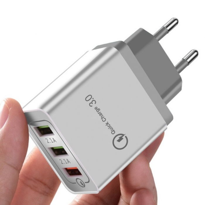 Incarcator priza, USB multiplu, 3 porturi 2.1A, incarcare rapida, Quick Charge 3.0, alb engross [3]