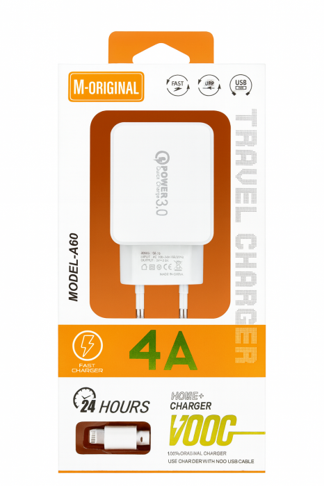 Încărcător Rețea 4A cu Cablu Lightning pentru iPhone, Fast Charge QC 3.0, Model A60 – Vânzare engros [1]