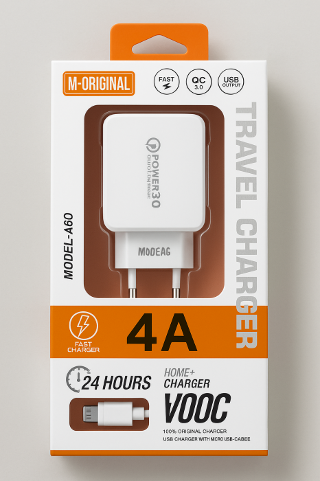 Încărcător Rețea 4A Fast Charge QC 3.0 + Cablu Micro USB – Model A60 – Vânzare Engros [1]