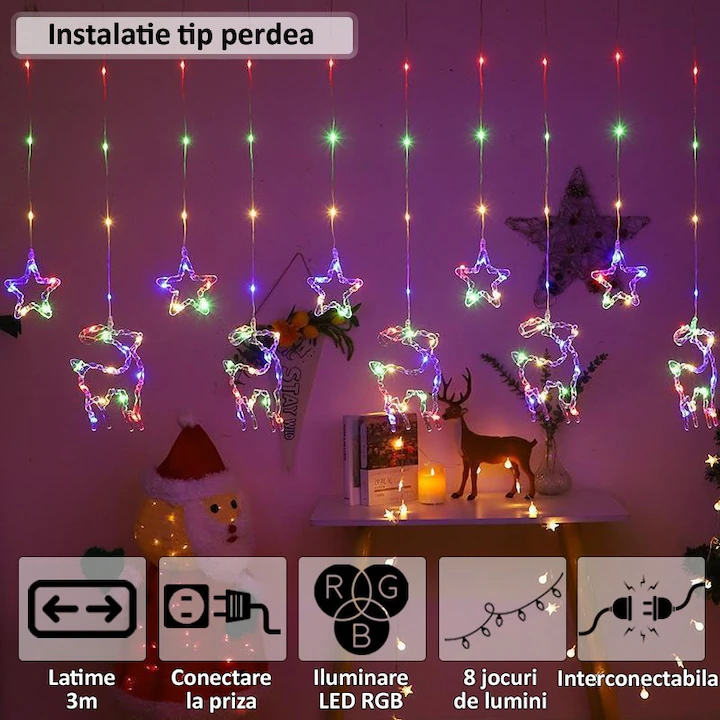 Instalație Perdea de Crăciun LED RGB 3m – Interconectabilă, 8 Moduri, Stele și Reni, Multicolor, cu Telecomandă engross [5]