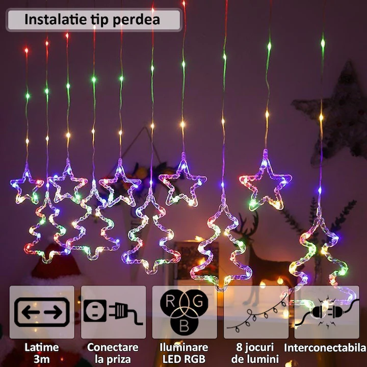 Instalație Perdea LED RGB de Crăciun, 3m, Interconectabilă, 8 Moduri, Stele și Brazi engross [2]