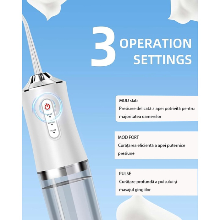 Irigator oral cu apă, 3 moduri curățare, Presiune reglabilă 40–105 PSI, 4 capete rotative 360°, IPX7, Alb [5]