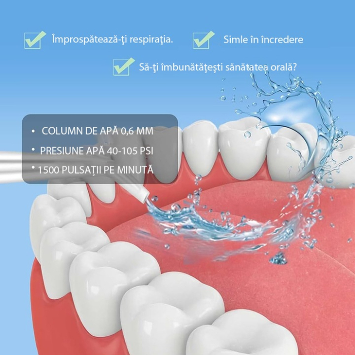 Irigator oral cu apă, 3 moduri curățare, Presiune reglabilă 40–105 PSI, 4 capete rotative 360°, IPX7, Alb [7]