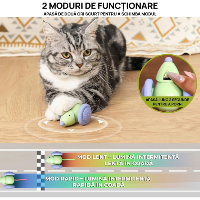 Jucărie Automată Soricel pentru Pisici, Evită Obstacole, Mișcări Aleatorii, Roți Mari, Coadă LED RGB, Încărcare USB-C, Verde, Distracție Interactivă [8]