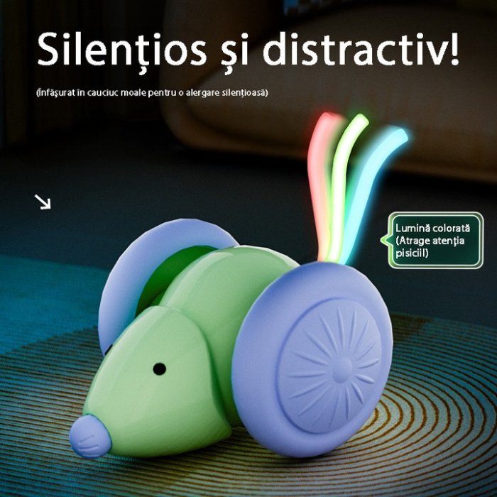 Jucărie Automată Soricel pentru Pisici, Evită Obstacole, Mișcări Aleatorii, Roți Mari, Coadă LED RGB, Încărcare USB-C, Verde, Distracție Interactivă [6]