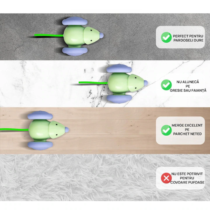 Jucărie Automată Soricel pentru Pisici, Evită Obstacole, Mișcări Aleatorii, Roți Mari, Coadă LED RGB, Încărcare USB-C, Verde, Distracție Interactivă [3]