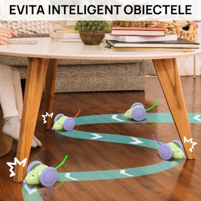 Jucărie Automată Soricel pentru Pisici, Evită Obstacole, Mișcări Aleatorii, Roți Mari, Coadă LED RGB, Încărcare USB-C, Verde, Distracție Interactivă [7]