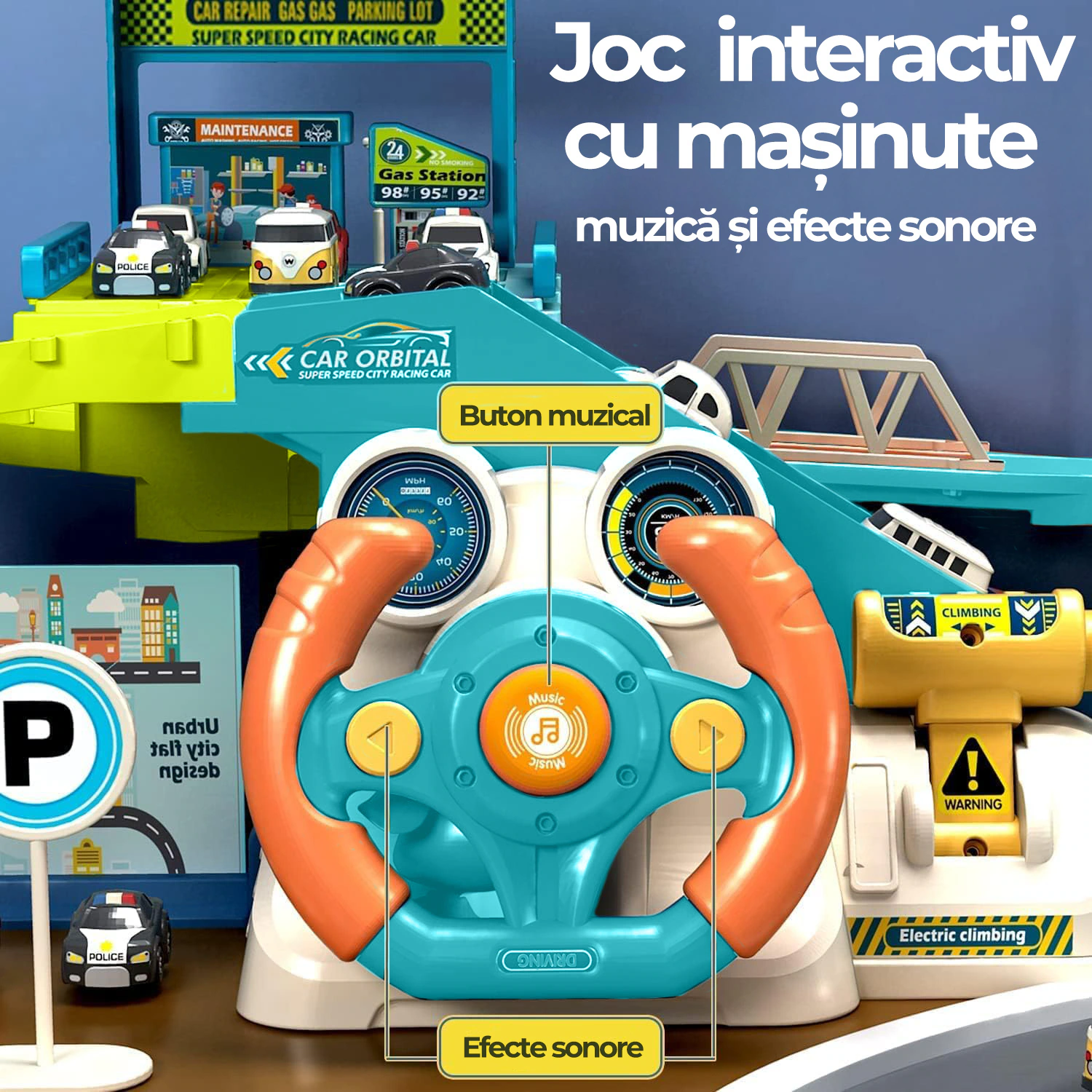 Jucărie Interactivă 2 în 1 Parcare cu Volan, Sunete și Muzică, 4 Mașinuțe Incluse, 50×32×23 cm engross [2]