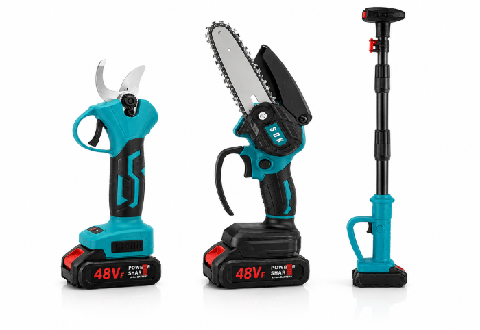 Kit 3 scule electrice pentru grădină, 48V cu acumulator - mini drujbă 6", foarfecă de tăiere electrică și tijă telescopică [2]