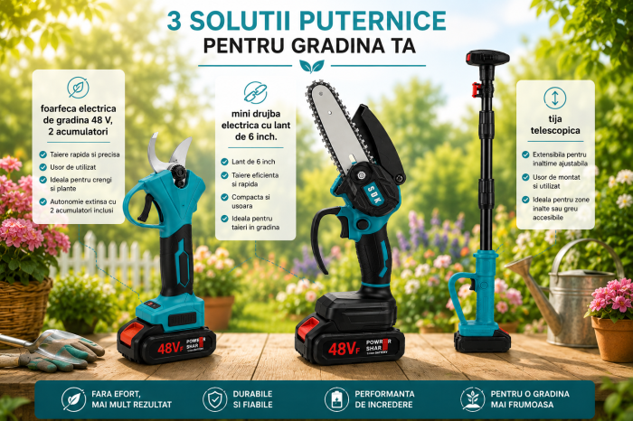 Kit 3 scule electrice pentru grădină, 48V cu acumulator - mini drujbă 6", foarfecă de tăiere electrică și tijă telescopică [3]