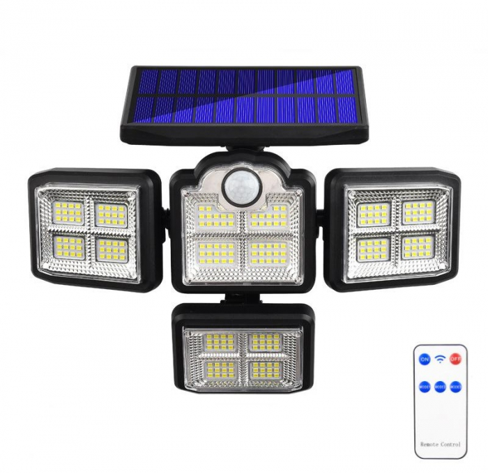 Lampa Solara de Exterior, 333 x cip-uri LED, Cu Senzor De Miscare, cu Brate Reglabile, Panou solar detasabil cu fir 5m, Telecomanda, Rezistenta la Apa IP65 engross [1]
