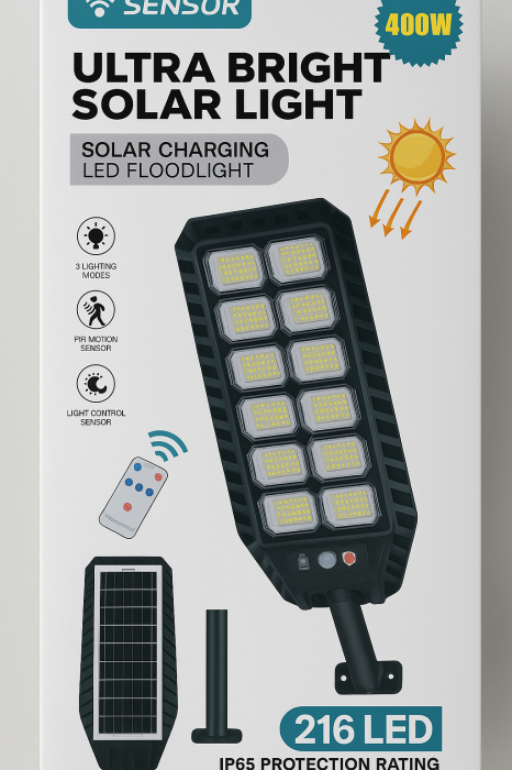 Lampă Solară Stradală IP67  – Senzor Mișcare, Telecomandă, Alb Rece 6500K engross [1]