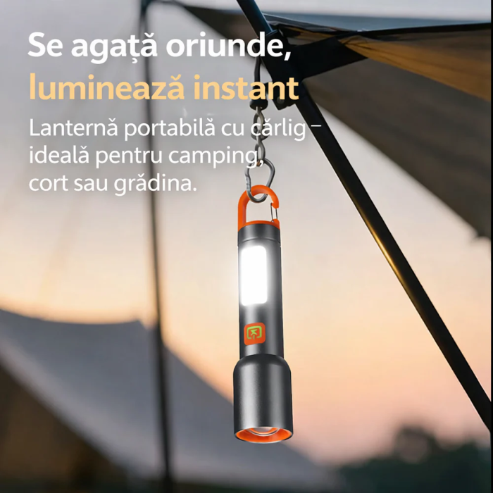 Lanternă LED Reîncărcabilă 2-în-1 cu Cârlig, Lumină Puternică Direcțională sau Ambientală, USB, Compactă și Versatilă pentru Drumeții, Cort sau Urgențe [5]