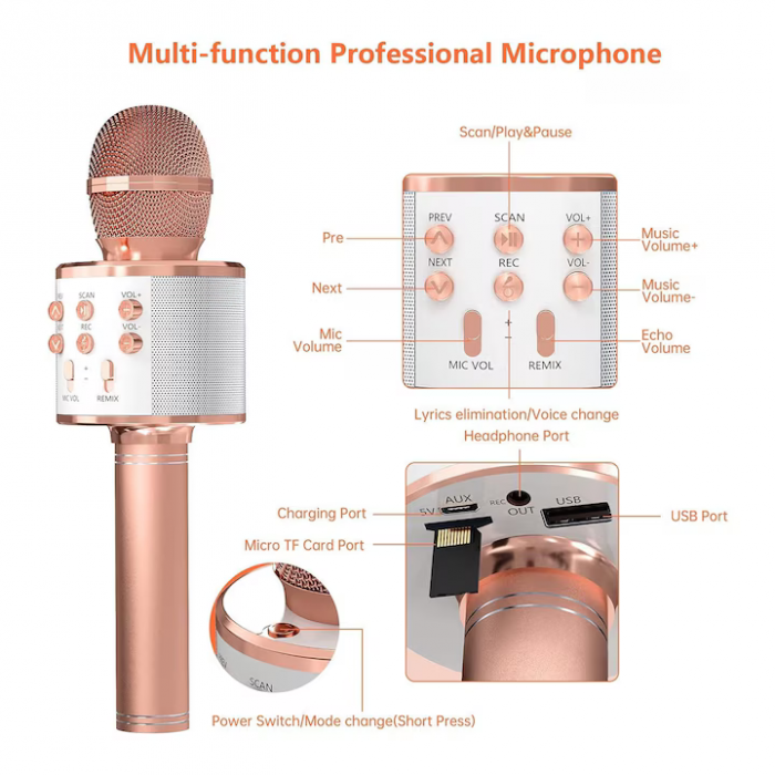 Microfon Karaoke Wireless cu Boxă Bluetooth – Sunet Puternic, Design Compact, Efecte Echo și Bass Ajustabil engross [10]